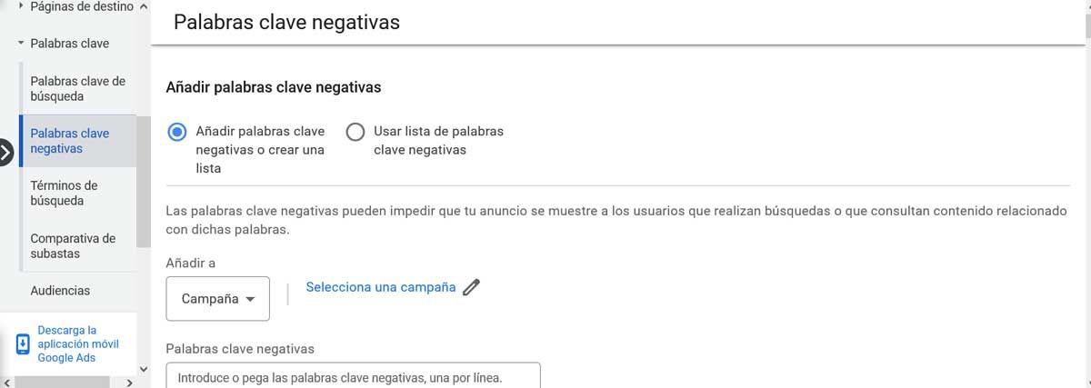 ¿Para qué sirven las listas de palabras clave negativas en Google Ads?